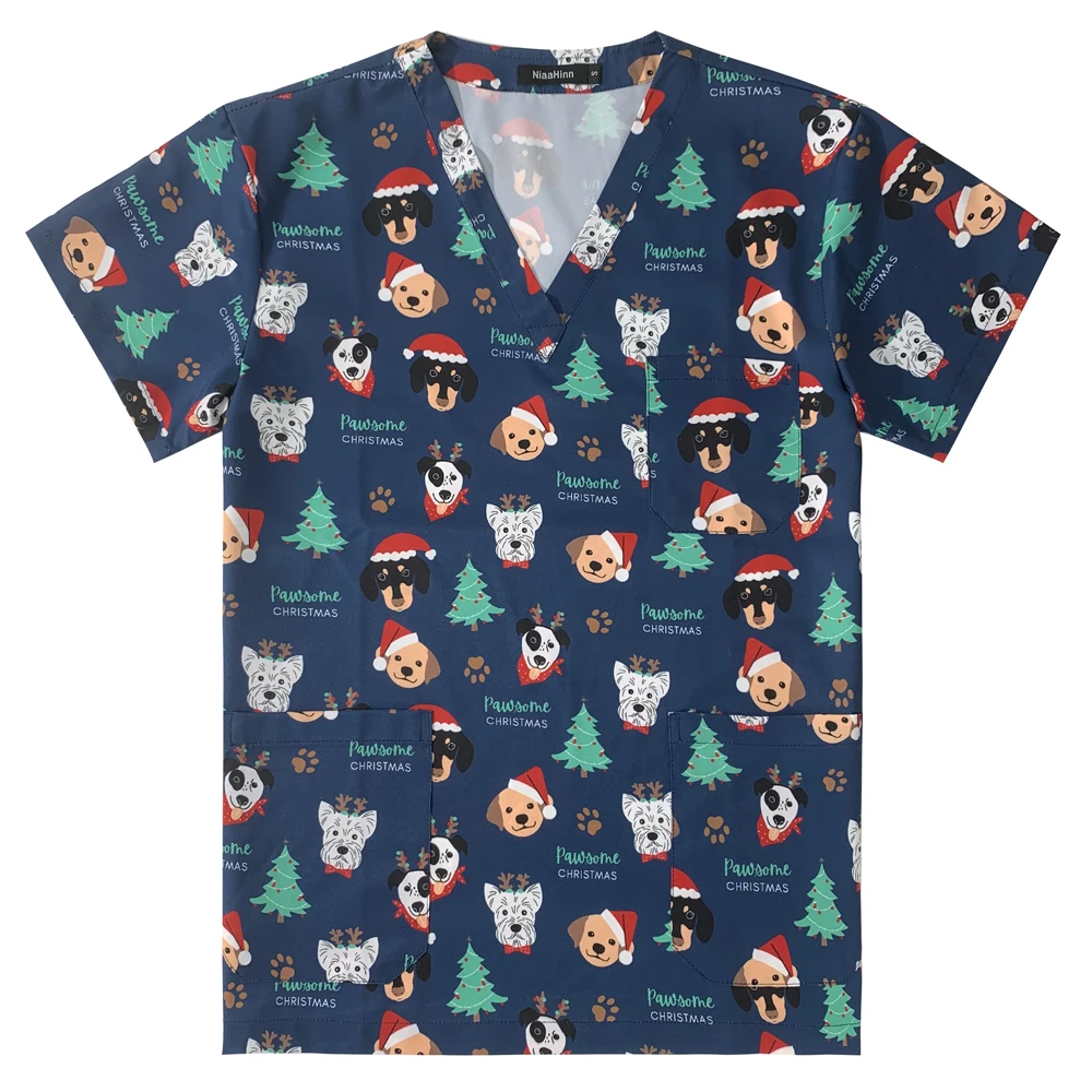 Krankens ch wester Uniform Druck Weihnachts kleidung Großhandels preis Krankenhaus zubehör OP-Kleid Kinderarzt Krankens ch wester Peeling Tops Unisex