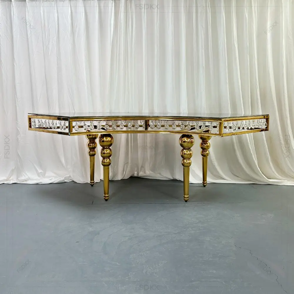 تصميم جديد لحدث الحفلات بإطار من الفولاذ المقاوم للصدأ على شكل نصف قمر طاولة زفاف وكرسي #5