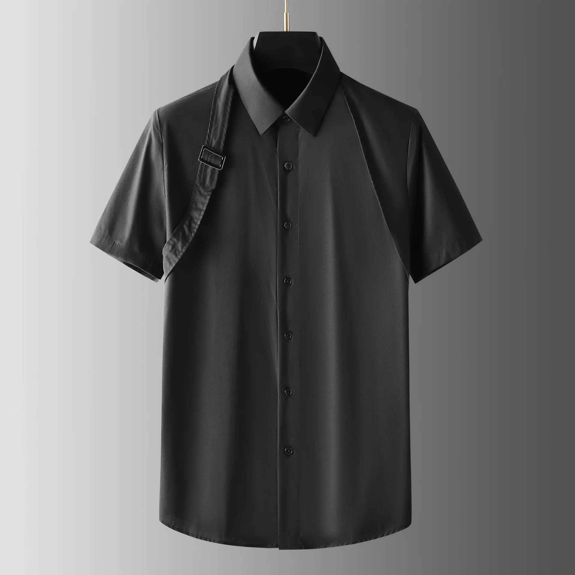 Summer Metal Buckle Ribbon Splicing Men's Shirt Slim Fit Casual Business dress Shirts Short Sleeve Banquet Party social Blouse