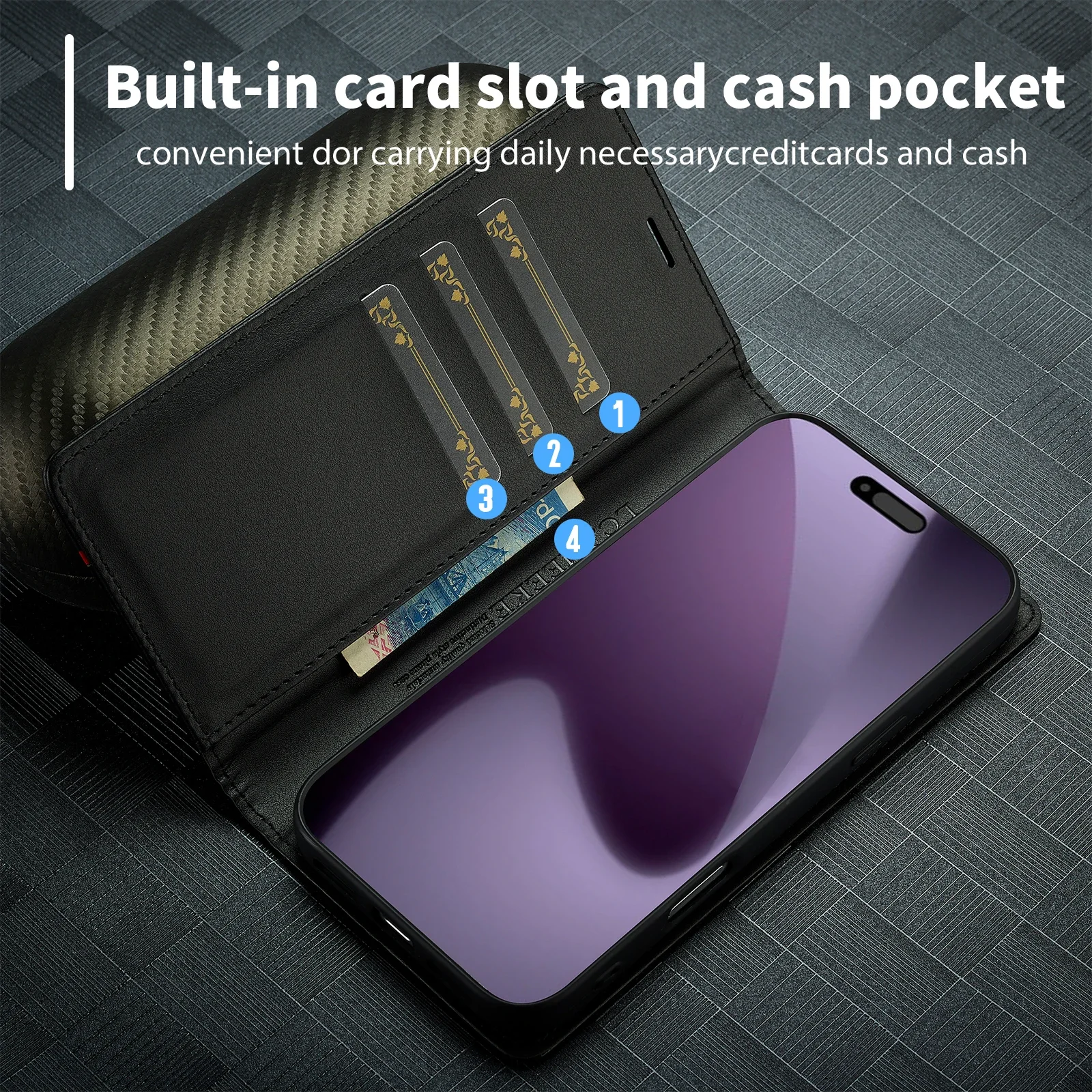 Carbon Fiber PU Leather Flip Case for  IPhone 17 Pro Max Air 16E 16 15 14 13 12 11 Pro Max Xs XR X 7 8 Plus SE Card Wallet Case - view 4