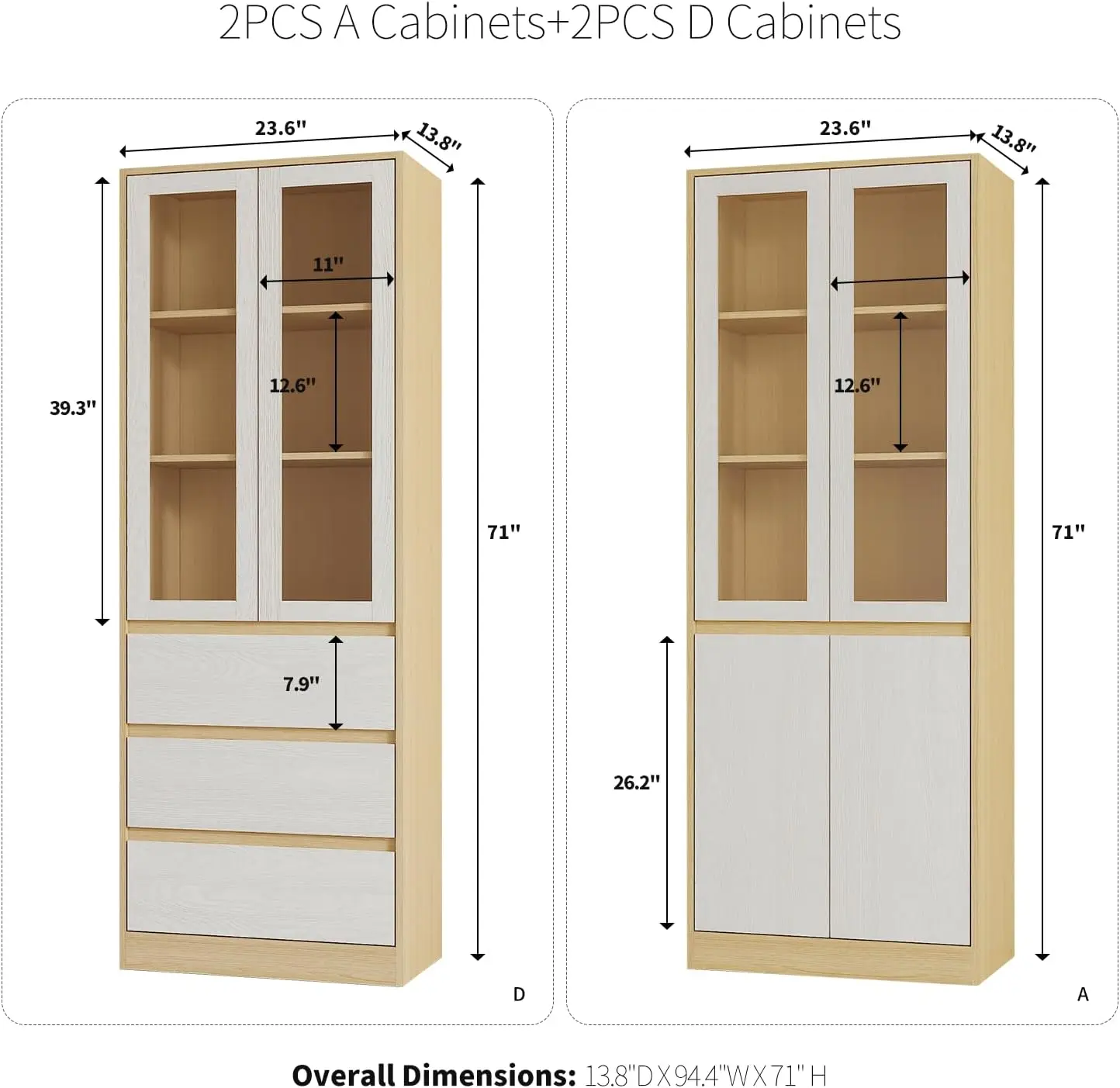 4PCS Vertical File Cabinet, 5-Tier Bookshelf with 3 Large Drawers, Glass Display Cabinet, Wood & White, Ideal for Home Office.