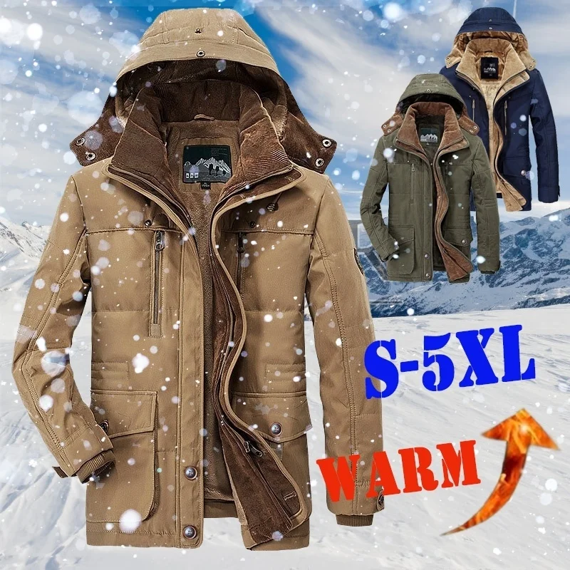 

Warm Winter Jacket Men Fleece Hooded Coat Thicken Parkas Men's Jackets Outwear Hat Detachable Coats Man Jaqueta Masculina S-5XL