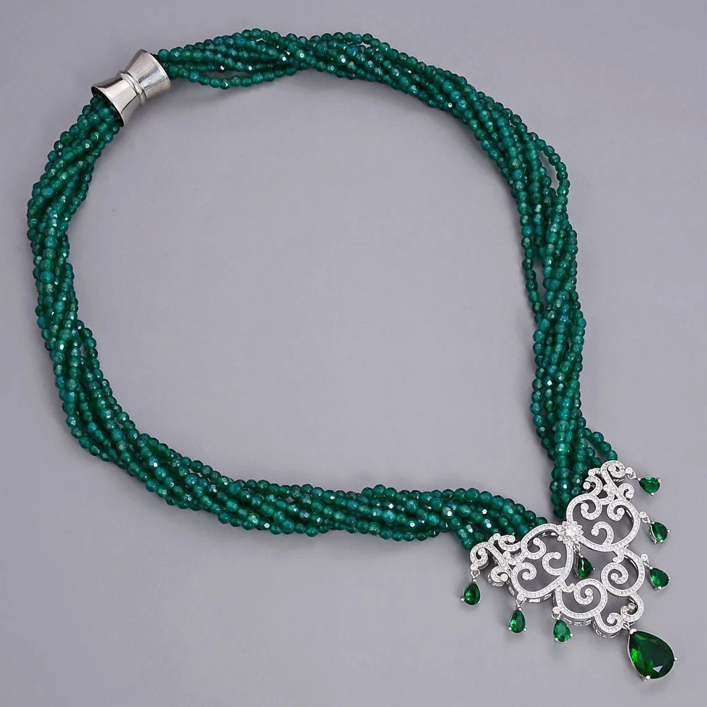 

20'' 7 Strands Green Agate Necklace Green Flower CZ Pendant