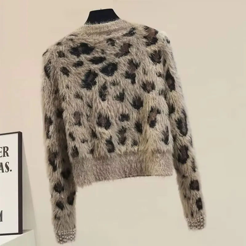 Leopard Pearls Vintage Mink Knit O-Neck Long Sleeve Pullover Women\'s Sweater Female Sweaters Tops Woman Clothing Fashion 2024