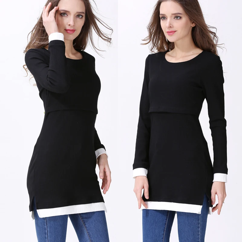 Lift Layer Breastfeeding Maternity Tunic High Neck Long Sleeve Ribbed Knit Fake Two Tone Contrast Hem Soft Stretch Pregnancy Top