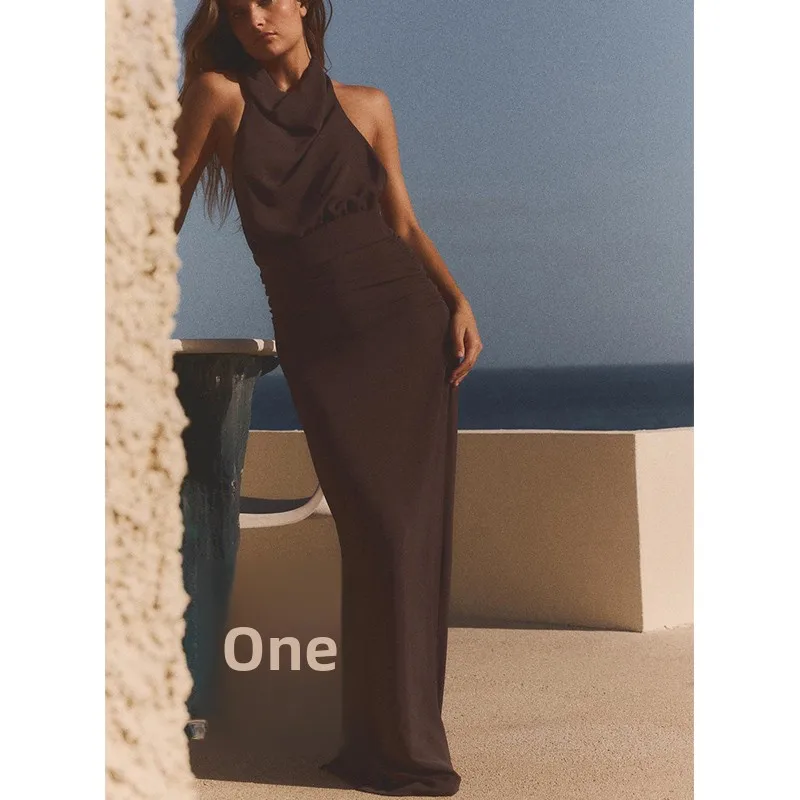 صيف جديد Sle المرأة Ele Bal Dr مع طيات معلقة Ne طوق Svel ثوب طويل ارتفاع الخصر تخفيف