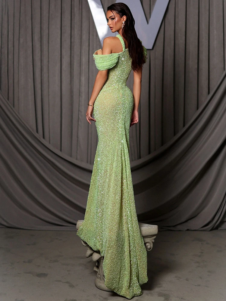 Vestido de novia de noche sexy con cuentas verdes para mujer – Vestido de fiesta con hombros descubiertos y abertura alta