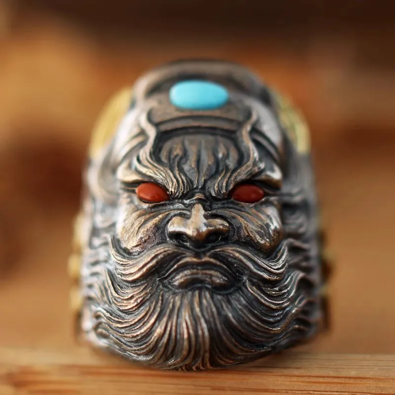 Vintage color stereoscopic Zhong Kui mens rings silver 925 domineering ethnic style turquoise ring adjustable banquet jewelry