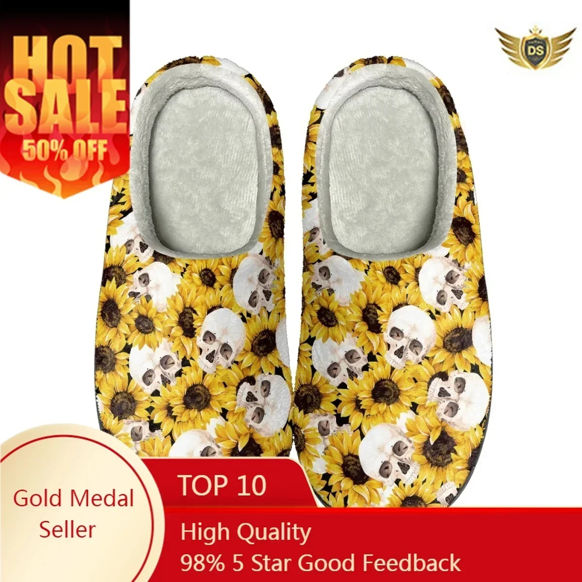 

Winter Couple Women Home Footwear Sunflower with Skukll Design Indoor Cotton Slippers Warm Cozy Non-Slip Slippers Zapatos Mujer