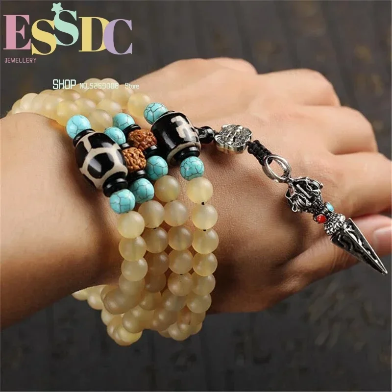 6MM Tibetan Natural Blood Silk Sheep Horn Beads 108 Mala with  Silver Vajra Men Strand Bracelet Women Meditation Necklace
