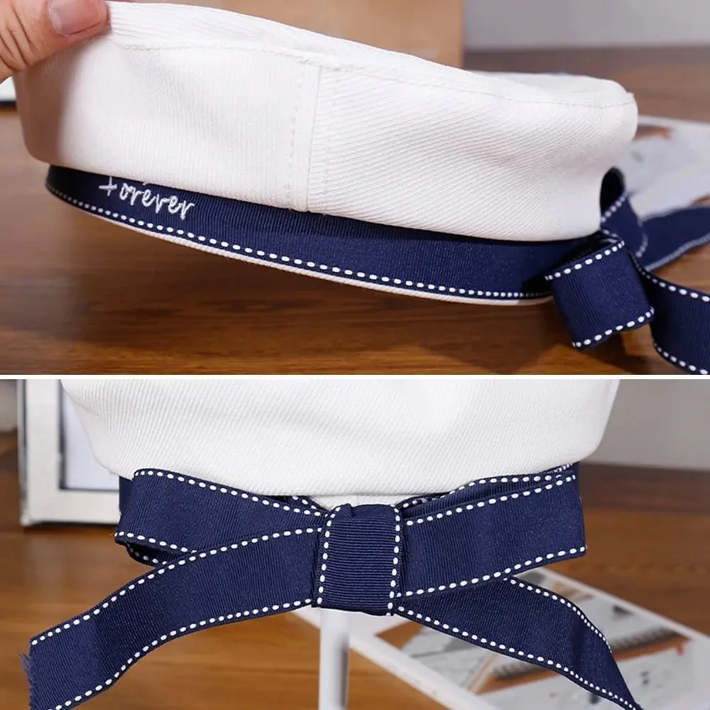 Japanese Style Sailor Hat Letter Embroidery Lightweight Octagonal Cap Ribbon Bowknot Breathable Beret Hat