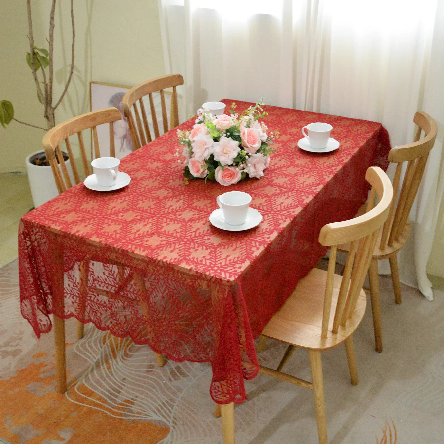 Lace Polyester Tablecloths, Wrinkle-Free Reusable Smooth Table Cover for Christmas Wedding Outdoor Camping Dining Table,Red