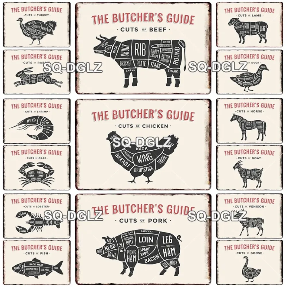 Vintage Metal Sign Butcher Guide Tin Plate Meat Chart Metal Wall Art Decor