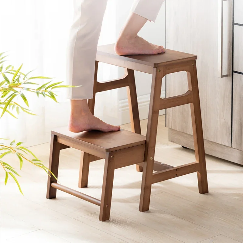 Natural Bamboo Herringbone Ladder Multi-functional High Stools Kitchen Resin Rattan Weaving Ladder Stool Flip Folding Step Stool