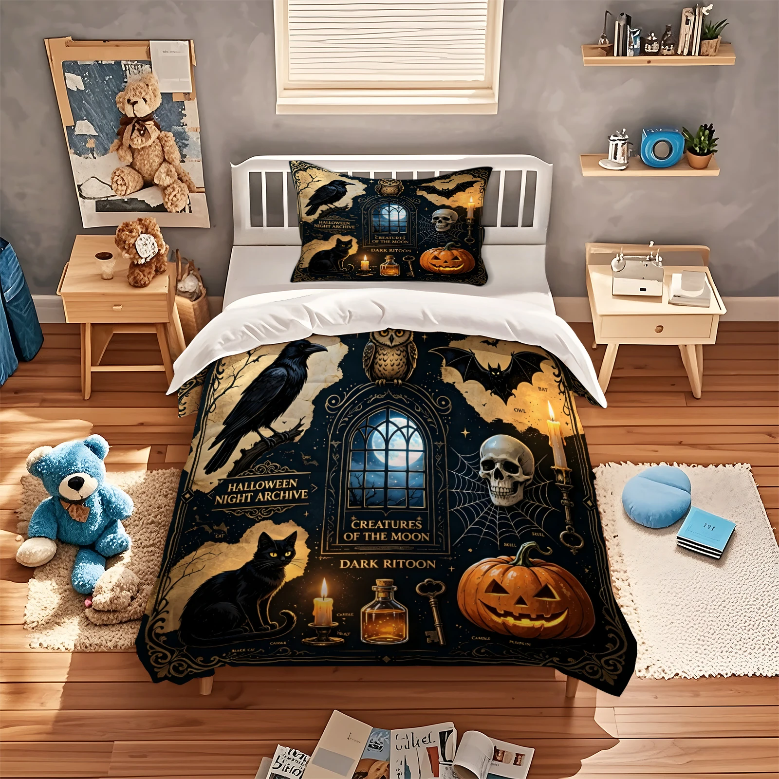 Gothic Halloween Duvet Cover Set Vintage Raven Black Cat Pumpkin Skull Bedding Set Creatures of The Moon Dark Ritual Quilt Cover