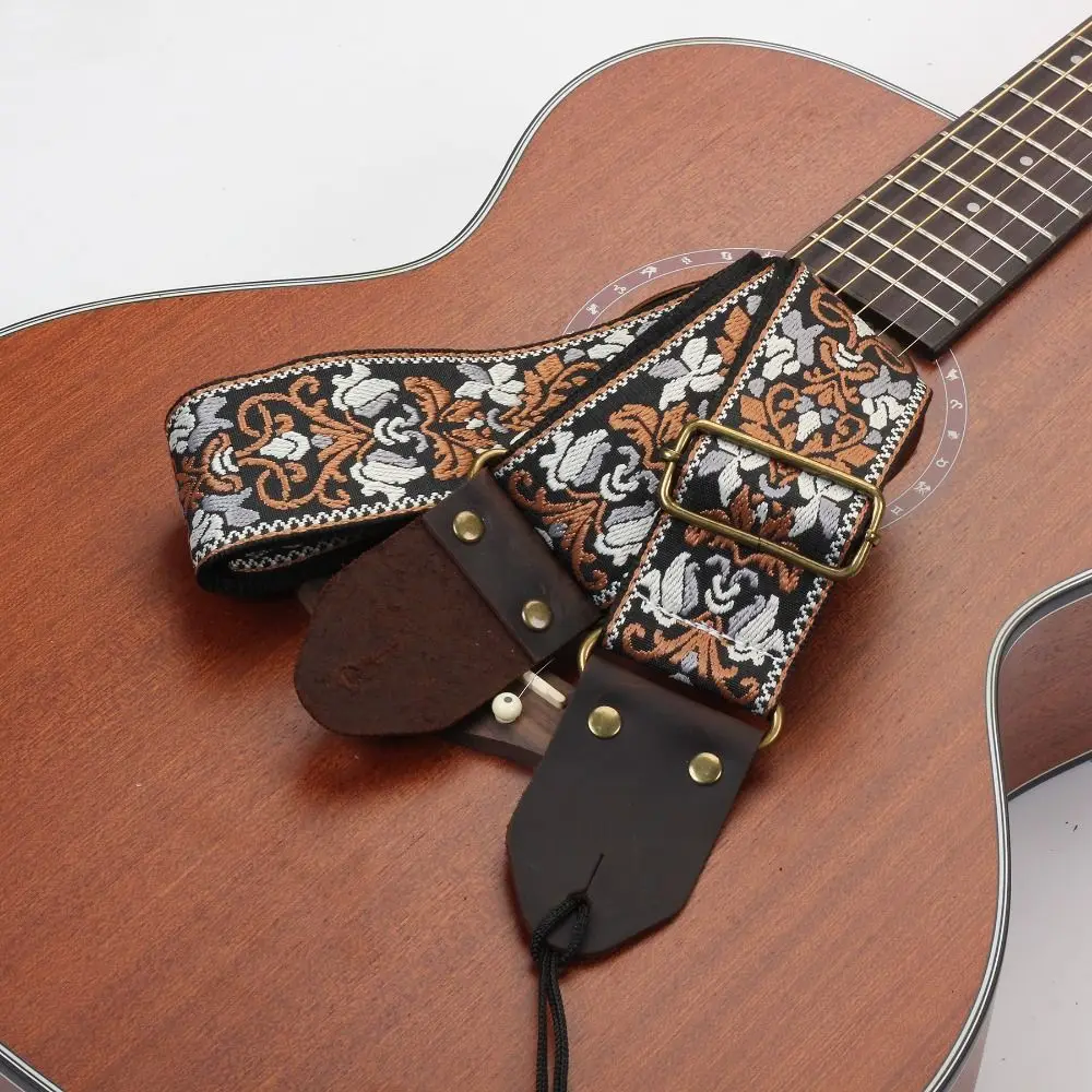 Vintage Flowers Embroidered Guitar Strap Tail Nail Pick Leather Head Guitar Strap Belt Cotton Ultra Thick Electric Guitar Belt