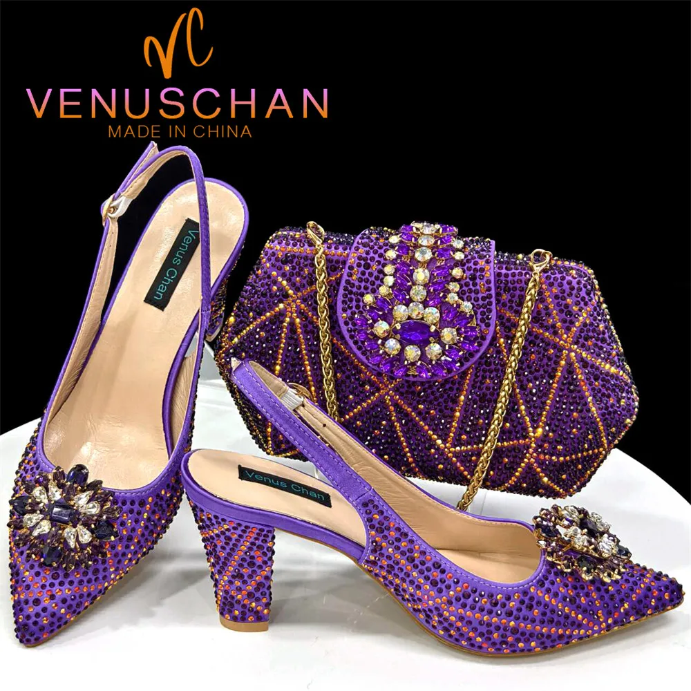 Venus Chan Nigerian Women Heel Party Ladies Italian Design Shoes And Bag Set Decorated with Rhinestone Handbag Wedding Party