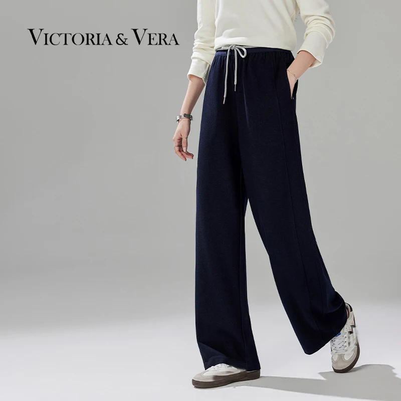 Women Navy Wide Leg Sweatpants, Drawstring Elastic Waist Loose Casual Trousers With Pockets, Elegant Flowy Lounge Pants