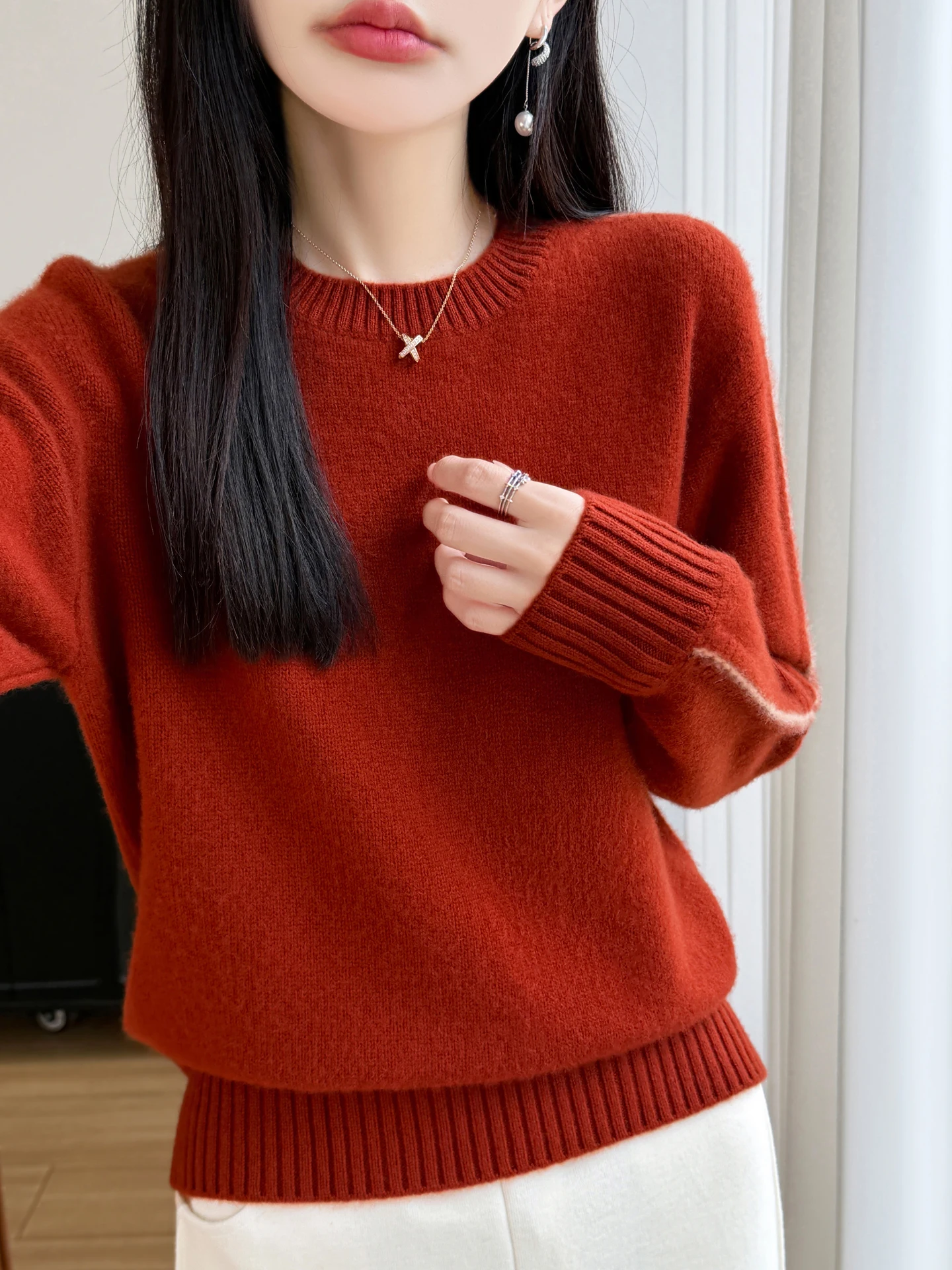 100% Merino Wool Wmen's Round Neck Contrasting Lines Autumn Winter Thick Casual Fashion Cashmere Knit Sweater