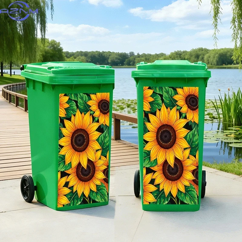 2D Flat Printing 1pc Trash Can Sticker, Sunflower and Green Leaves Theme Design, Self-Adhesive Wall Decal for Kitchen Trash Ca view 2