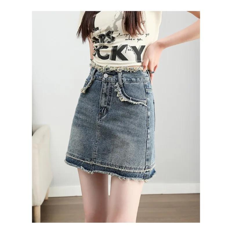 

Womens Denim Skirt Summer New High Waist A Line Distressed Hem Slimming Retro Fashion Versatile Skirt Pants