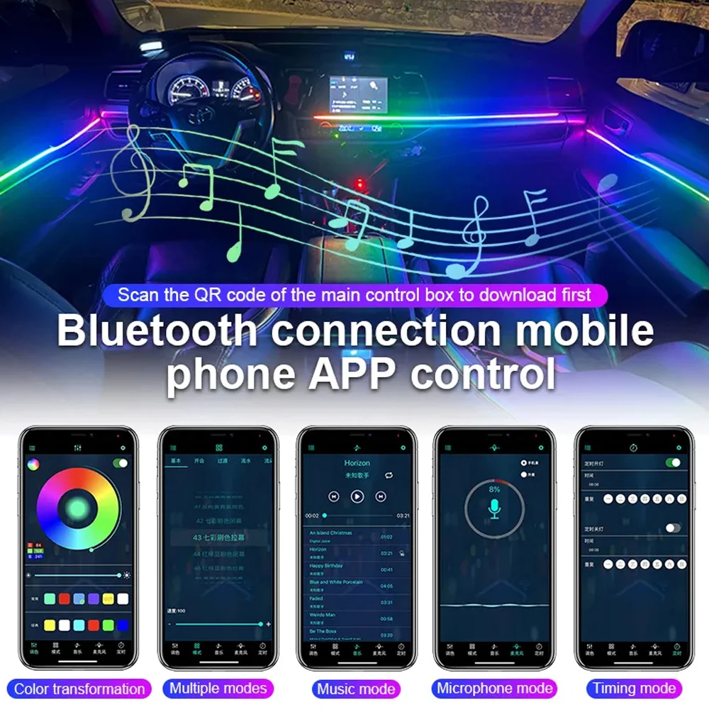 

14 in 1 Led Car Ambient Streamer Symphony Strip Kit RGB 64 Color Rainbow Interior Dashboard Acrylic Decorative Lights 12V