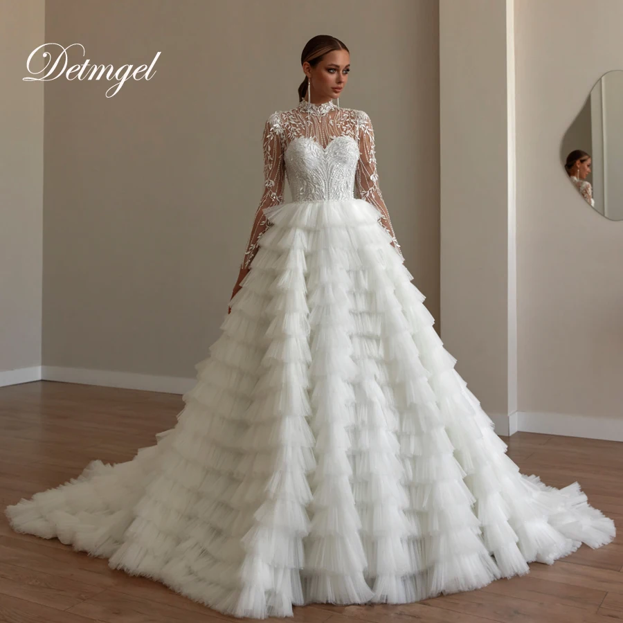 

Detmgel Индивидуальные новые современные свадебные платья трапециевидной формы с высоким воротом и шлейфом, многоуровневые пуговицы, жемчуг, кружево из бисера, Vestido De Noiva