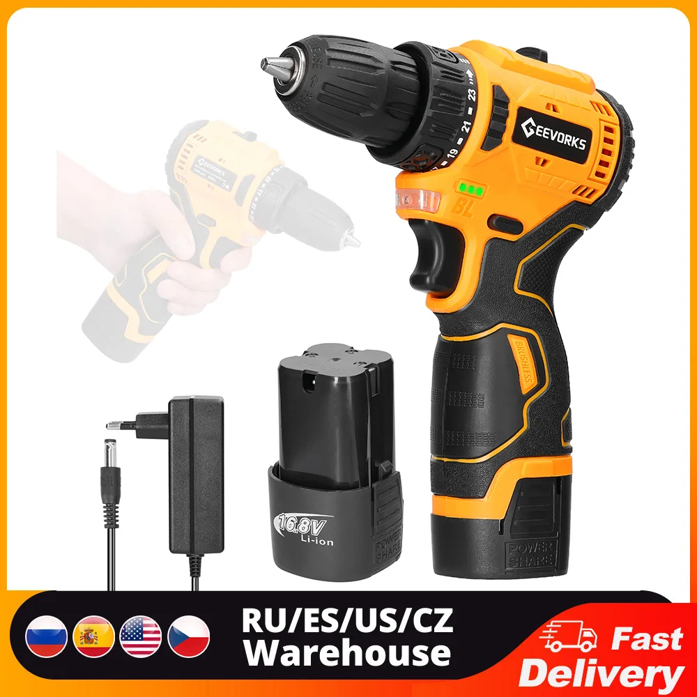 Geevorks 16.8V Mini Electric Drill Household Brushless Motor Electric Screwdriver Home Rechargeable Li-ion Battery Power Tools