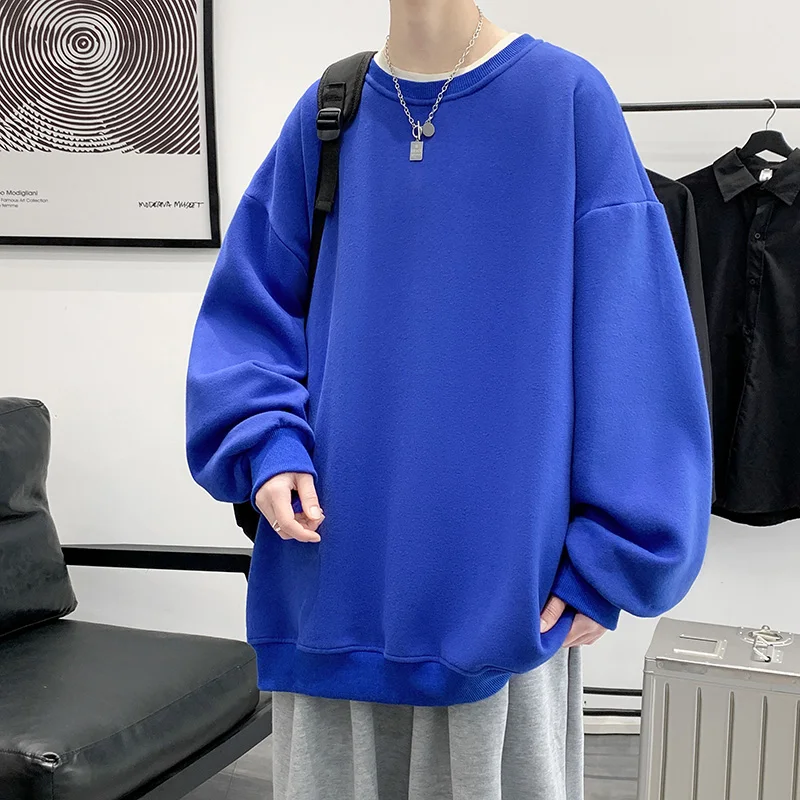 2024 Mens Loose Sweatshirts Harajuku Pure Color Oversize Vintage Streetwear Texture Pullovers Unisex Couple Korean Clothing