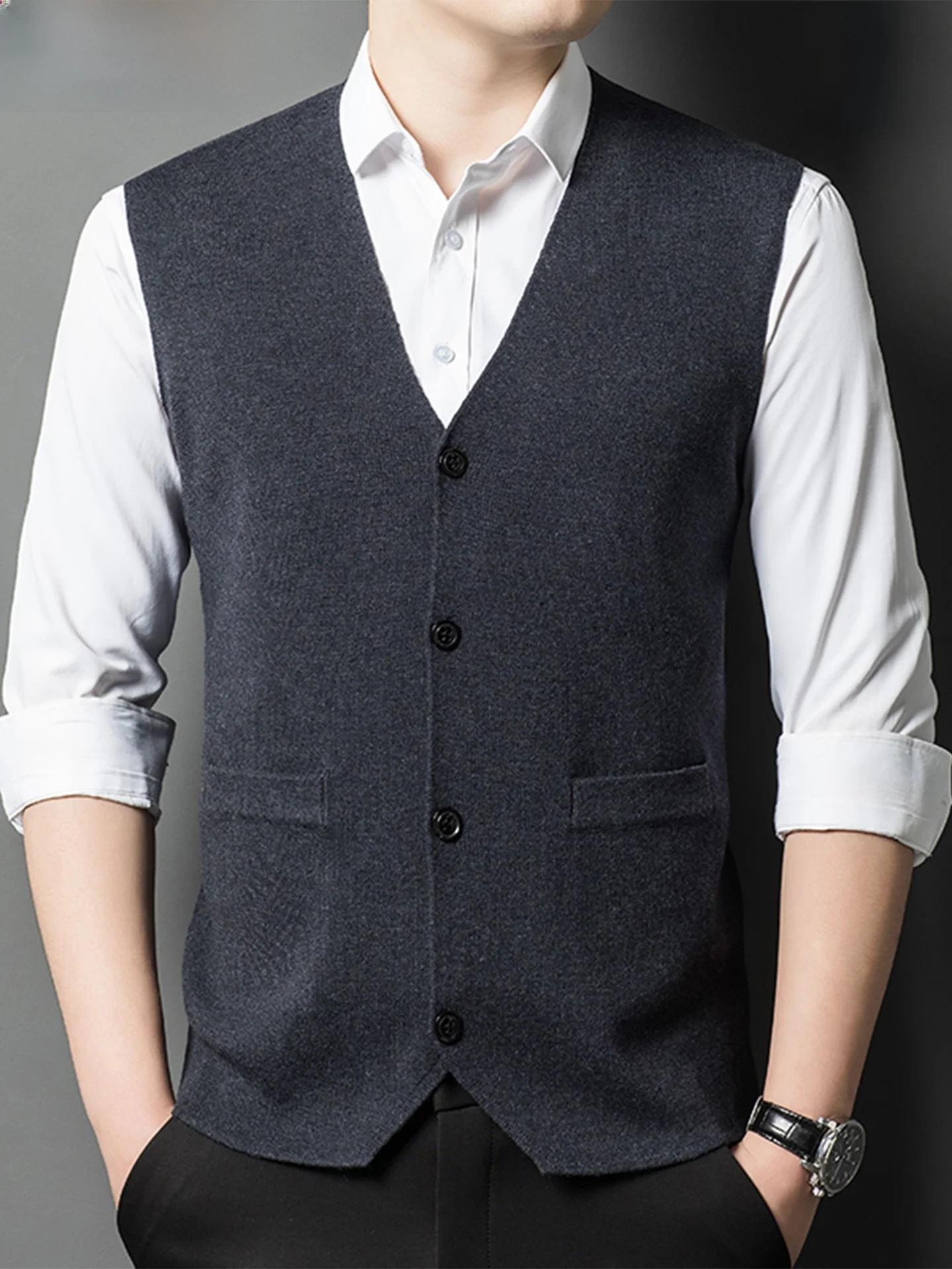 

Woodpeer Autumn Winter Wool Blend Knitted Vest Men's Casual Busin Mid-aged Dad Sweater Overhead Soft Polyester Fiber