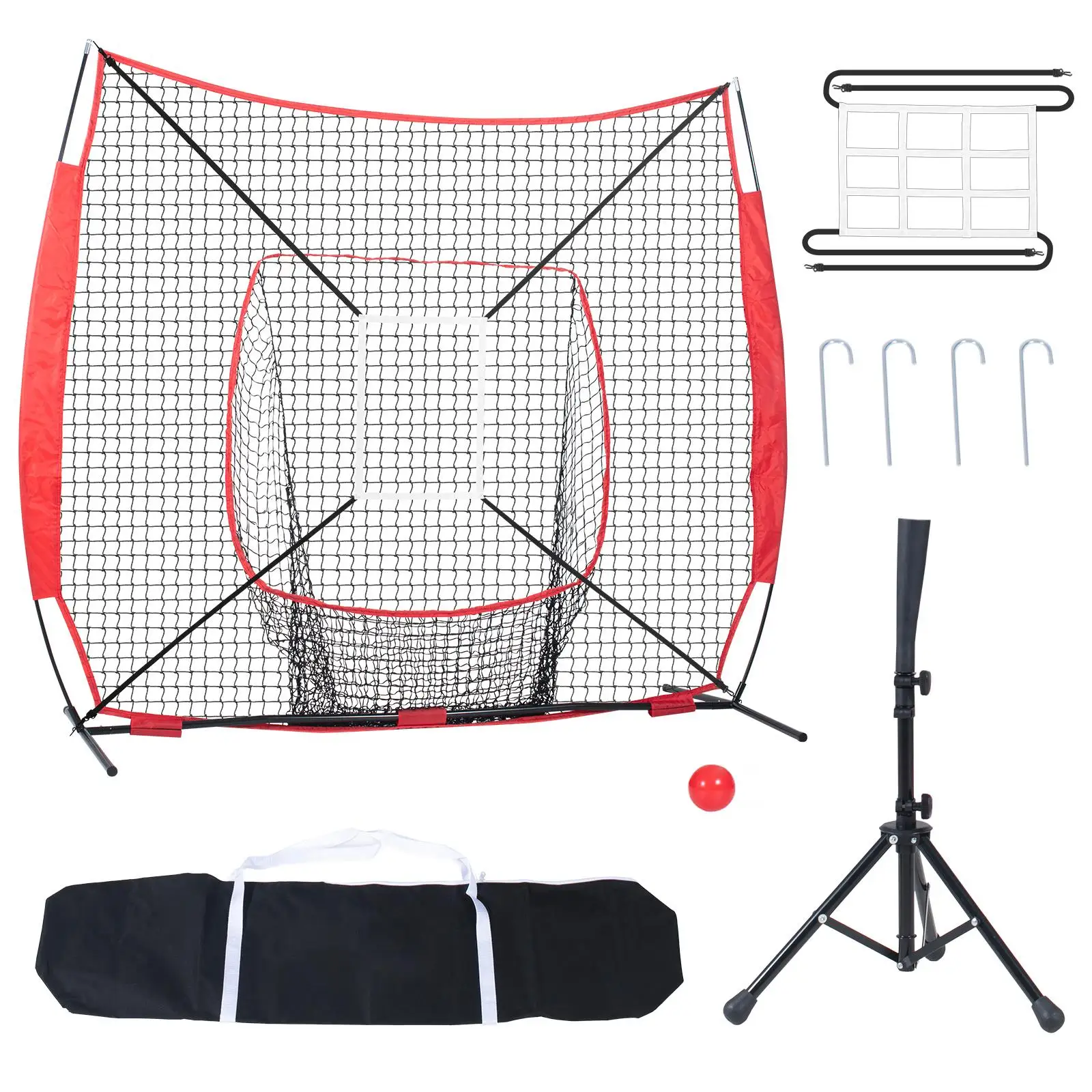 7x7 FT Baseball Softball Practice Net Portable Batting Catching Pitching Training Net with Bow Frame Backstop Strike Zone Ball Batting Tee and Carry Bag