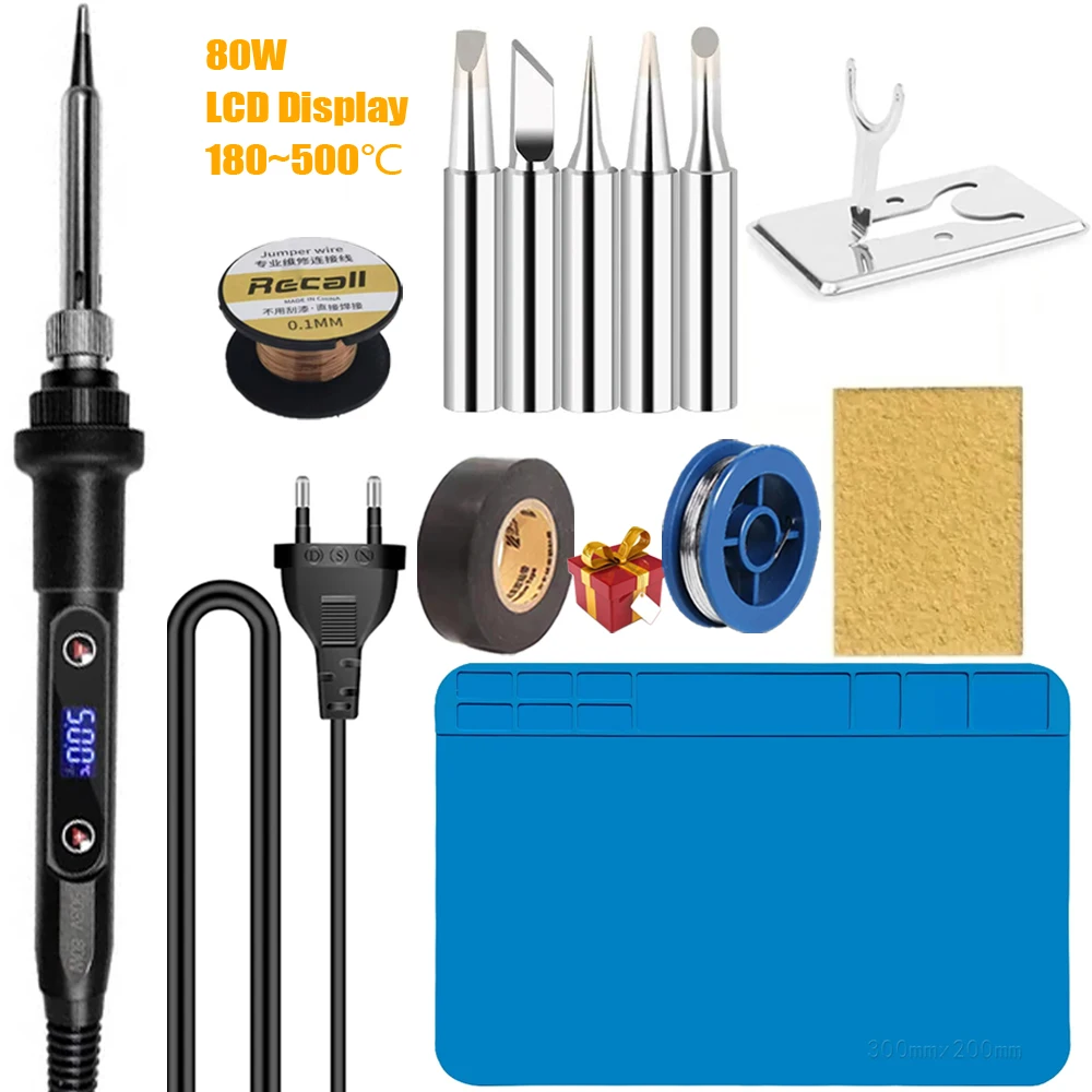 80W Electric Soldering Iron NEW LCD Digital Display 180-500 Adjustable Replaceable Head Soldering Iron Tin Pen Welding Kit