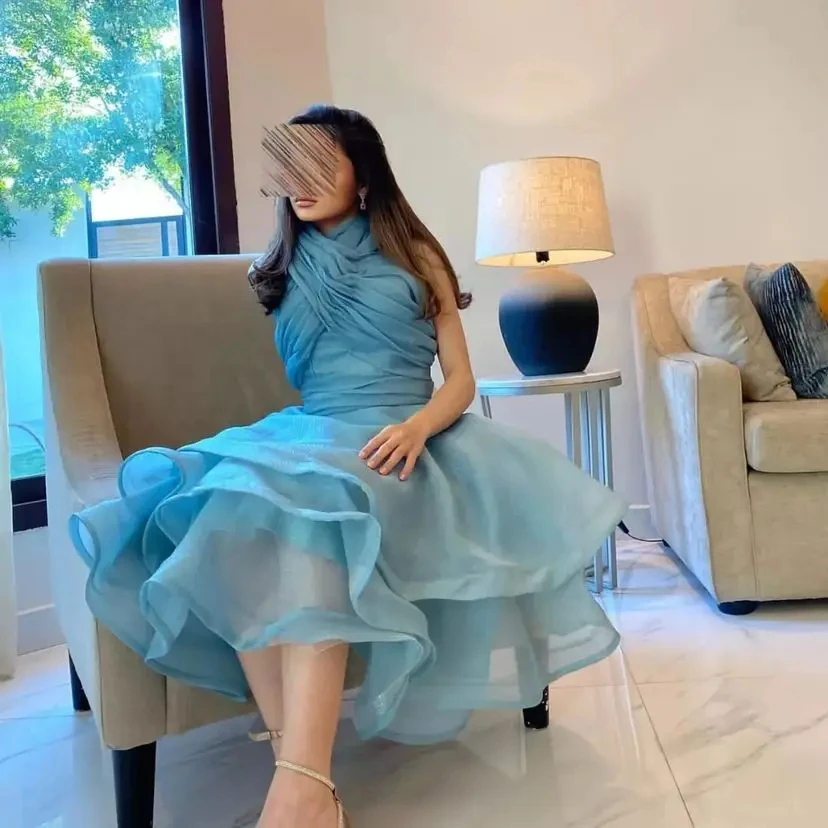 Vestidos de graduación azules sin tirantes para mujer, vestidos de noche hasta el té sin mangas, vestido Formal para mujer de Arabia Saudita, vestido de boda 2024