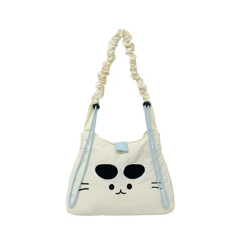Blue Star Cute Cartoon Cat Face Sunglasses Adjustable Kawaii Ruched Strap Crossbody Shoulder Bag Nylon Tote For Girls Students
