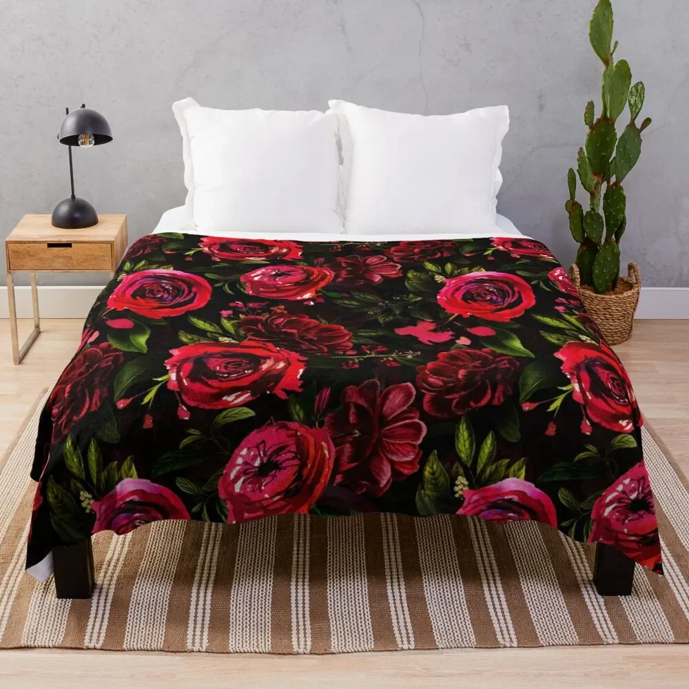 

Dark Red Hand Drawn Watercolor RosesPattern Throw Blanket Reusable Durable Soft Blanket for All Seasons