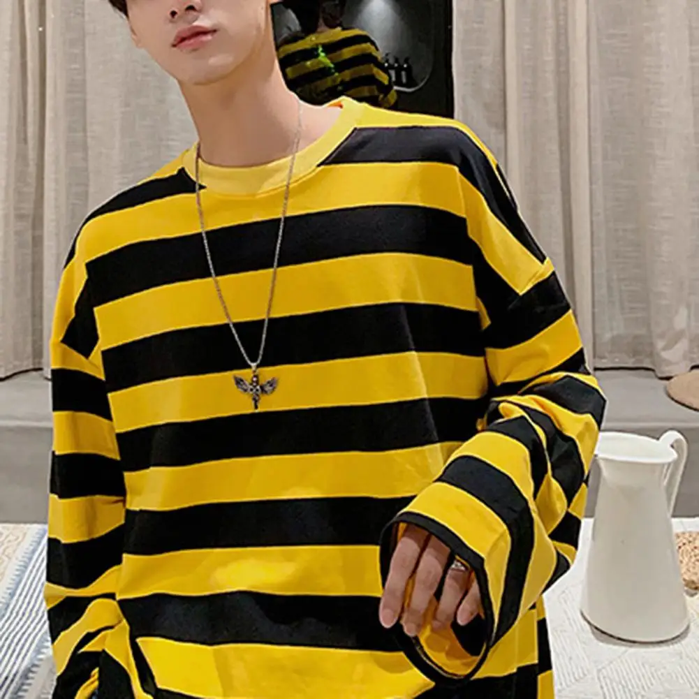 Striped Long Sleeve T-Shirt Men\'s Korean Style Contrast Striped Crewneck Top Loose Casual Sweatshirt Youth Fashion Accessories