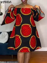 VONDA-vestido feminino fora do ombro, manga comprida boêmia, vestido de festa estampado, roupeiro solto, vestido de verão, 2024