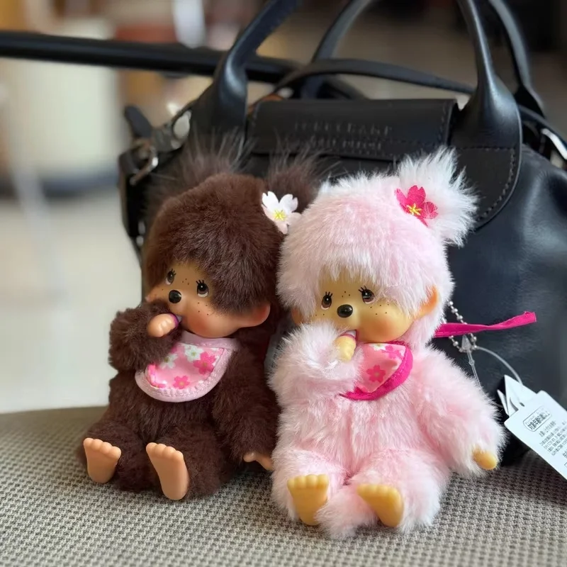 Portachiavi Peluche Monchhichi Serie Fiori di Ciliegio, Ciondolo Coppia Cartone Animato Carino, Decorazione Borsa Rosa Marrone, Regalo per Ragazze, Gi