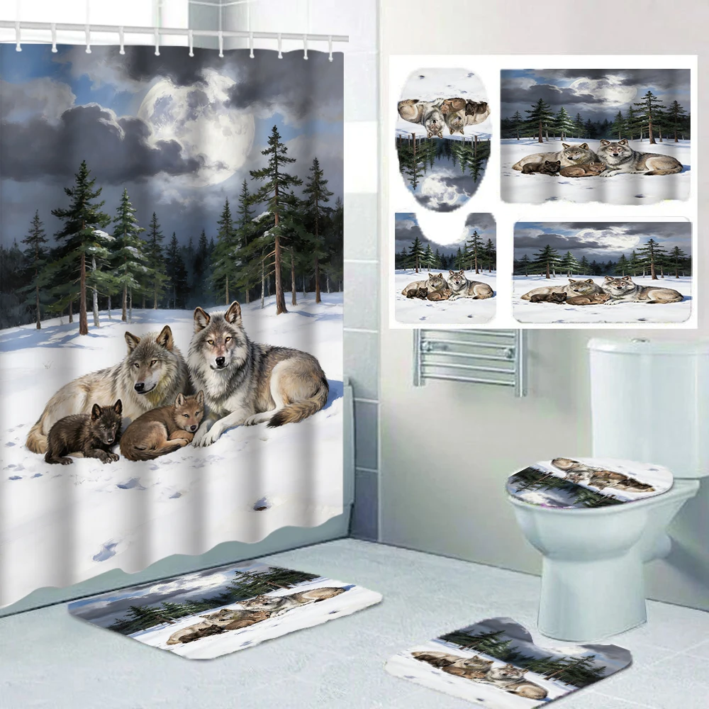 

Набор для ванной комнаты «Волк» (4/1): занавеска для душа, декор для унитаза, коврик и крышка для унитаза, размер 70,8x70,8 дюймов