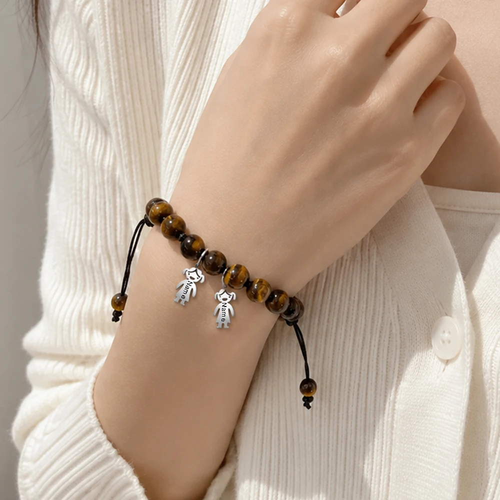 Personalized Family Bracelet for Men Women Custom Name Boy Girl Charms Tiger Eye Black Beads Adjustable Jewelry Birthday Gifts