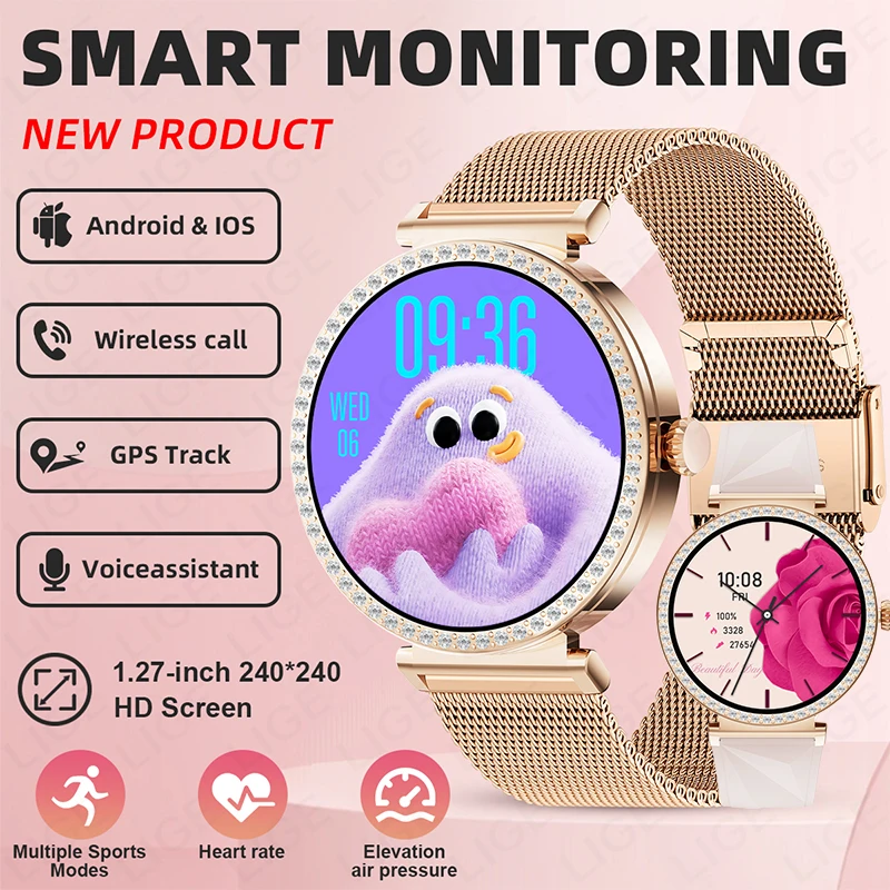 

LIGE Новые 1,27-дюймовые умные часы с HD-экраном, женские водонепроницаемые Bluetooth-браслет для вызова, женский спортивный монитор здоровья, женские умные часы 2026