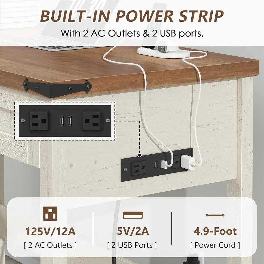 Farmhouse Computer Desk with 2 Drawers 39 Inch Small Office Computer Desk with Power Outlets Compact Writing Study Desk for Sma