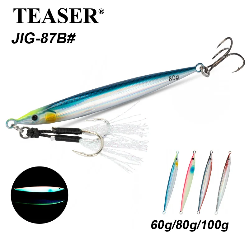 TEASER J87B 60g 80g 100g Jig Köder 3D Little Jack UV Leucht Bleistift Angeln Köder Trolling sinkende Salzwasser Für Seebarsch Thunfisch