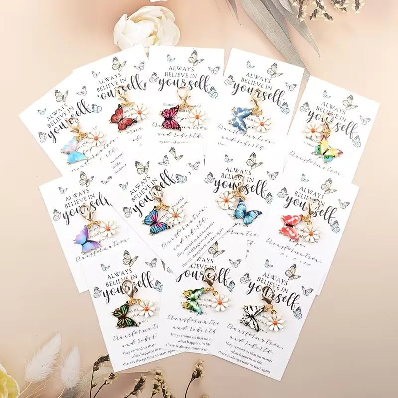 A Set of 12 Exquisite Butterfly Keychains with Diverse Designs and Includes Inspirational Cards. Very Suitable as an Inspirational Gift, for Decorating Packages, Party Favors, Travel Reminders,