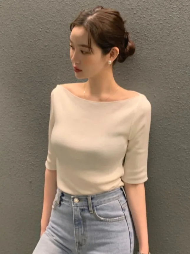 

Summer Women's Slim Fit Knitted Top Elastic oulder One-oulder ort Sve Pure Color Versatile Sli Casual Wear