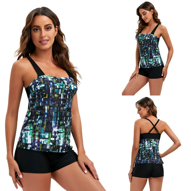 

New Cross Ba Geometric Print Bikini Swimsuit Separate Tankini adient Color Sport Fitn Swimming Suits for Women