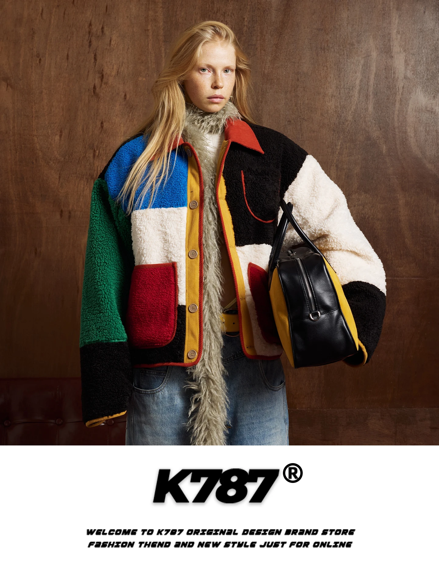 

K787 American Retro Spliced Color Lamb Velvet Collar Cotton Jacket Loose Fit Youthful Style Warm Thickened Long Sleeve Coat