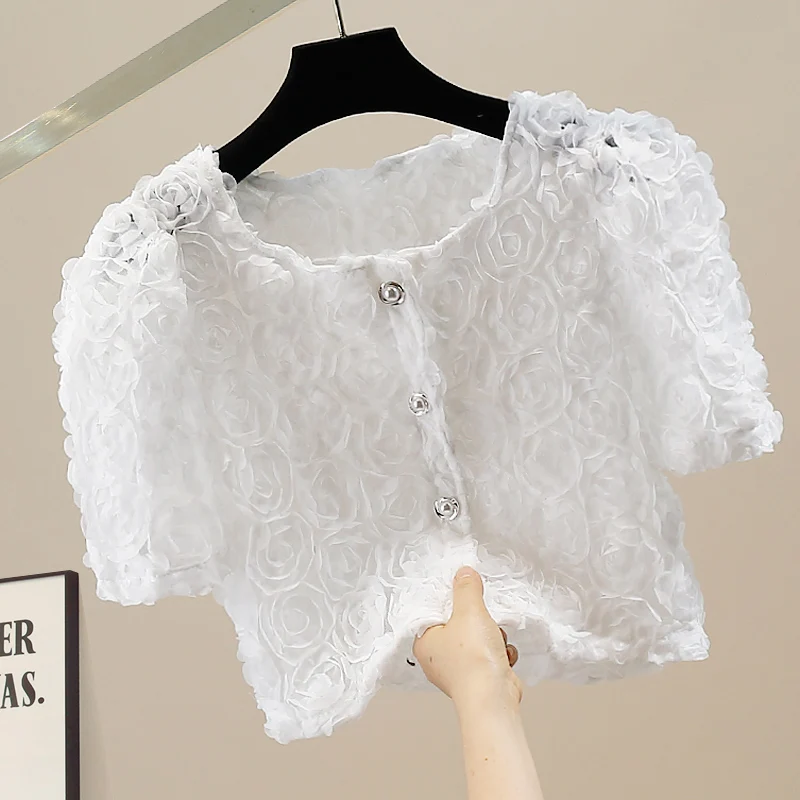 

Faionable Heavyweight Summer New Retro Design Sense 3D Flower Embellied Buttoned Chiffon ort irt Women's Trendy Top