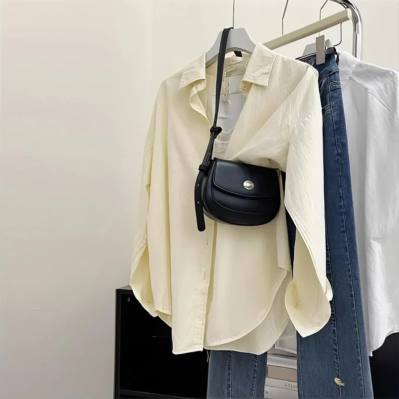 

Women's Casual Solid Color Drop Shoulder Loose Shirt, Autumn Long-Sleeved Shirt