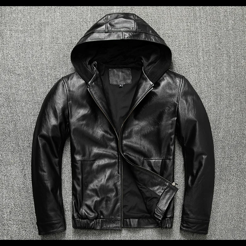 genuine Free shipping.Dropship.sales men leather hoody.Plus size black cowhide coat.quality outdoor fashion leather jacket.